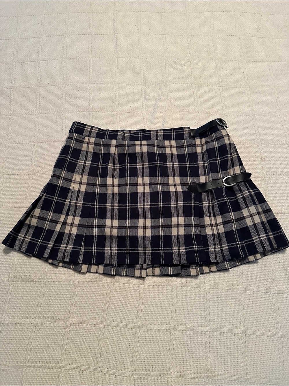 Brandy Melville Navy and Tan Plaid Pleated Mini Skirt with Buckle Straps